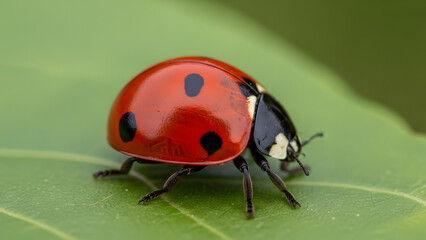 Fototapeta premium A vibrant red ladybug with black spots resting on a green leaf.