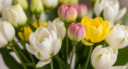 A vibrant bouquet of tulips in various colors including white, yellow, and pink.