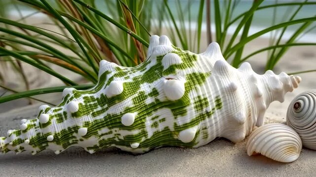 Explore the details of a large green and white shell on the beach next to white shells and grass by the water under a bright blue sky