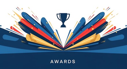 Colorful ribbons with trophy and fireworks effect awards celebration