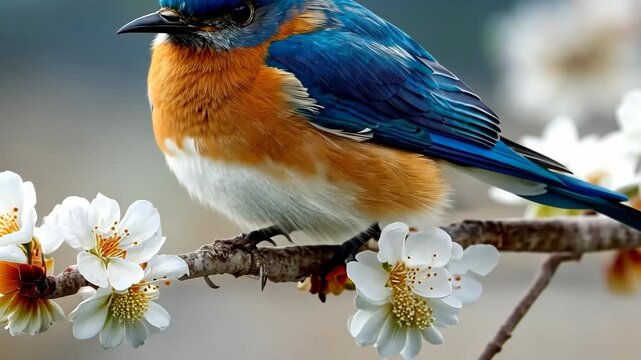 Blue bird sits on a branch covered with white flowers in spring and chirps in a colorful display of nature's beauty during a sunny day