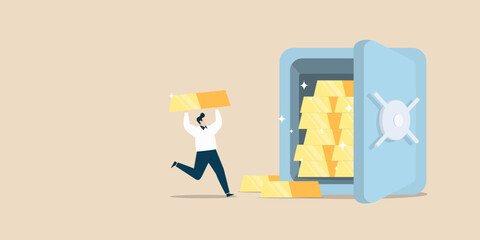 Man carrying a large gold bar away from an open safe box full of bullion, wealth management and financial success, flat art on a beige background.