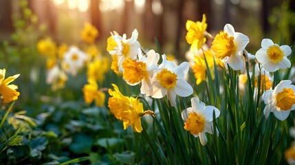 Obraz premium Golden Hour Sunlight Illuminates a Field of Blooming Daffodils.