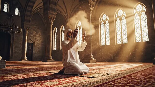 Elderly Muslim man praying in a grand mosque, Cinematic Shot with golden light rays and dust particles, creating a spiritual and devotional atmosphere.