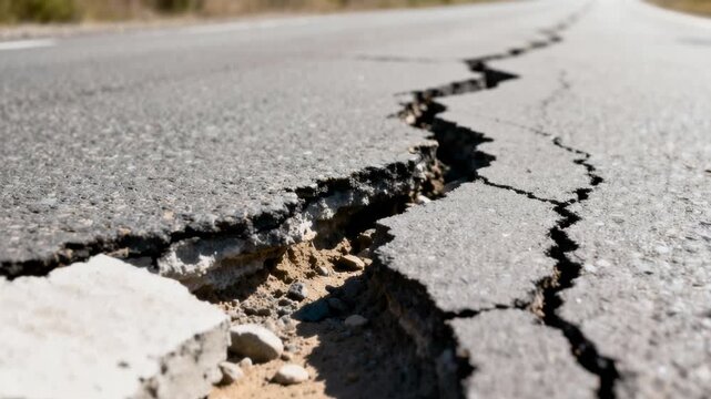 Cracked asphalt road with severe pavement damage and pothole, broken concrete debris and ground erosion.