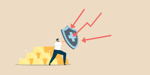 A man uses a medical shield to protect a stack of gold bars from downward red arrows. Flat art representing financial protection, wealth security, and crisis management.