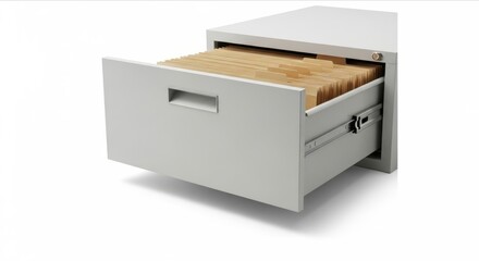 Open drawer with white file folders in a modern office setting