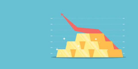 Stacked gold bars with an upward trending red arrow on a blue background, representing market growth, wealth accumulation, and successful investment.