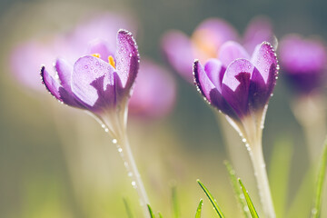 Fioletowe krokusy na jasnym rozmytym tle – wiosenna, delikatna kompozycja © Elżbieta Kaps