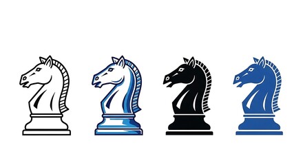 Four chess knights in white black and blue colors on white background