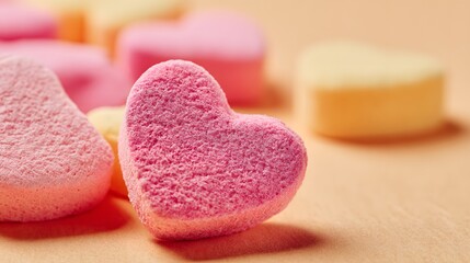 Obraz premium Close-up of Heart-Shaped Marshmallow Candies on a Soft Orange Background.
