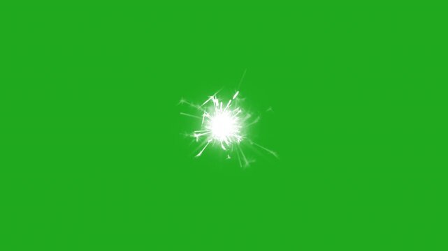 Green screen sparks from crackers animation showing bright flying sparks and glowing particles, ideal for festive visual effects, celebrations, motion graphics, and chroma key compositing.