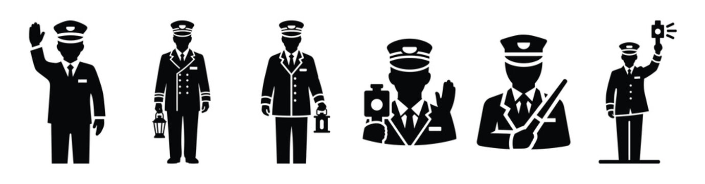 Vector set illustration of train conductor icons. Simple transport silhouette icon design collection.