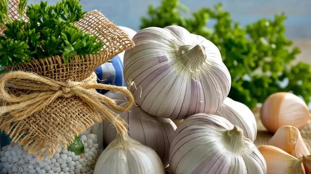 Cooking with garlic and onions in a kitchen setting on a sunny day