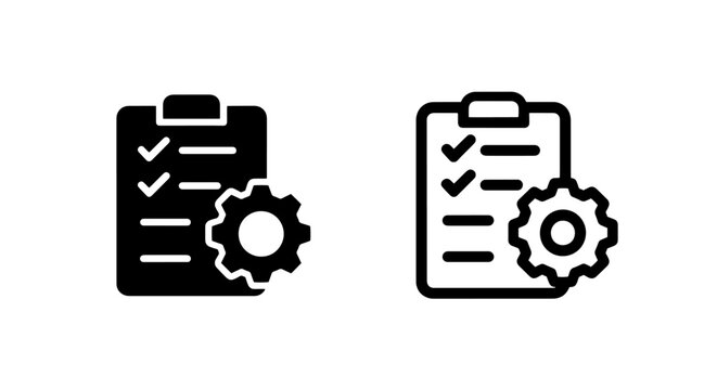 Checklist with Gear Icon Set - Task Management, Settings, Workflow, and Process Optimization Symbol