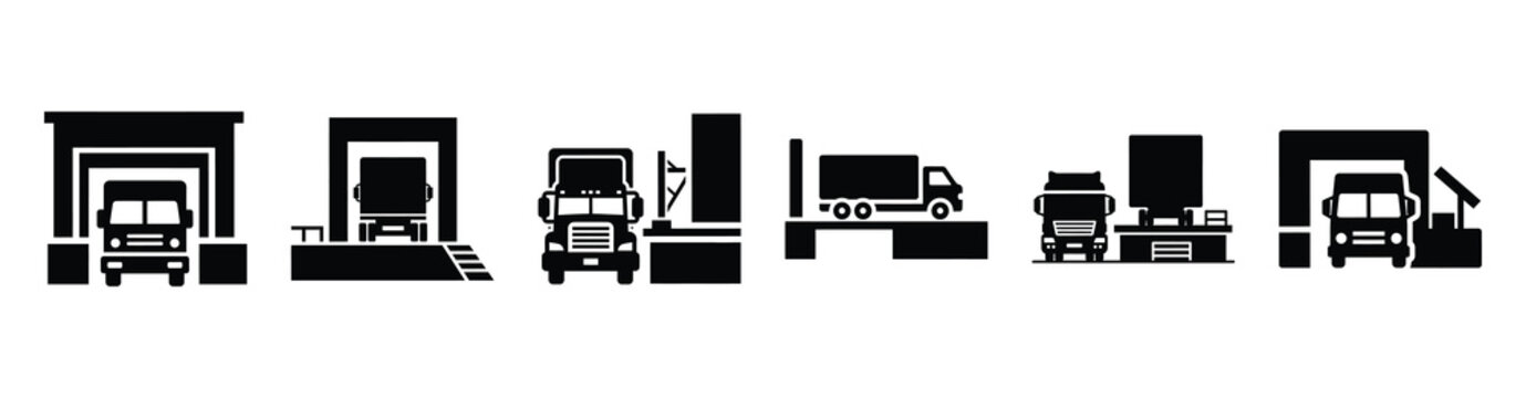 Vector set illustration of truck loading dock icons. Simple transport silhouette icon design collection.