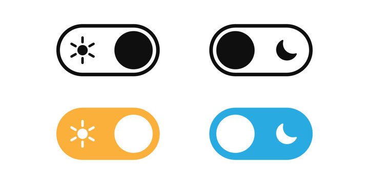 Light and dark mode toggle switch icons. Set of day and night mode toggle switch icons for web and app interface design, featuring sun and moon symbols.