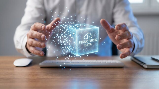 Professional concept of secure structured data displayed as a futuristic holographic cube between hands over a desk, symbolizing data organization, analytics, and digital workflow