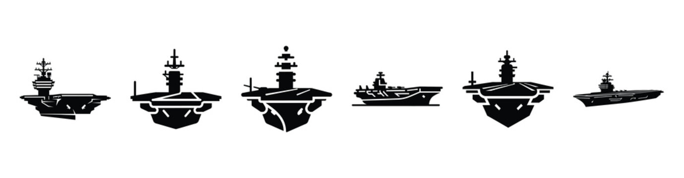Vector set illustration of aircraft carrier icons. Simple transport silhouette icon design collection.
