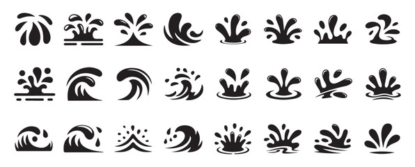 Black Water Splash and Wave Icon Set, Liquid Drop Silhouette Collection, vector illustration eps 10