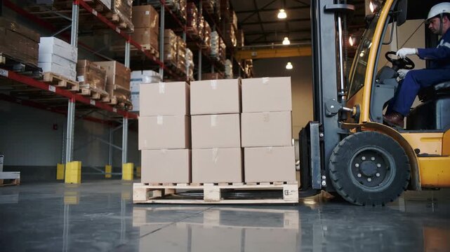 Forklift operator moving boxes inside a large warehouse for logistics and distribution.