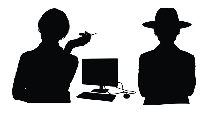 A shadowy depiction of two figures and a computer seemingly engaged in a clandestine meeting silhouette high quality