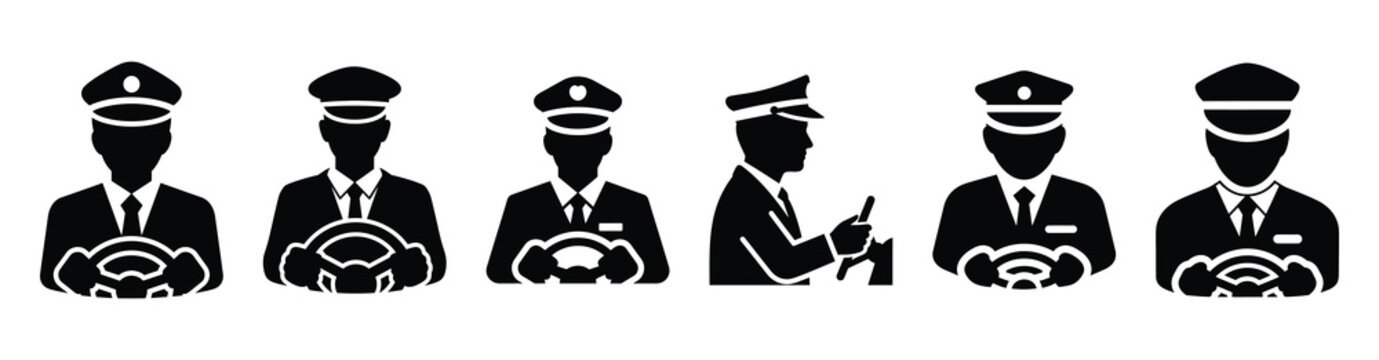Vector set illustration of bus driver icons. Simple transport silhouette icon design collection.