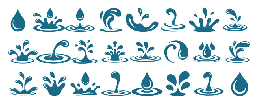 Water Splash and Drop Icon Set Blue Liquid Wave Symbols Collection, vector illustration eps 10.