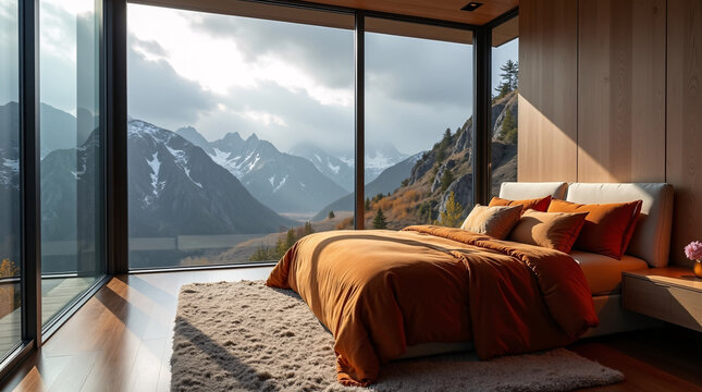 A modern bedroom with floor-to-ceiling glass walls and a stunning snow-capped mountain view.