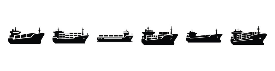 Vector set illustration of cargo ship icons. Simple transport silhouette icon design collection. © Shilpy