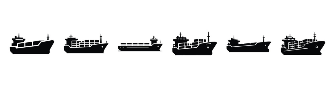 Vector set illustration of cargo ship icons. Simple transport silhouette icon design collection.