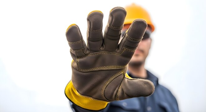 Safety Stop Gesture: Construction worker in yellow hard hat showing stop with protective leather glove, hazard prevention, industrial warning, site security, labor and safety concept