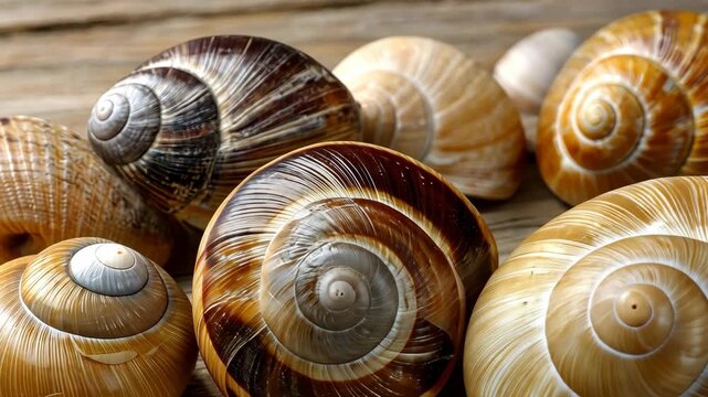 Large group of colorful snails resting on wooden surface in a natural setting during bright daylight