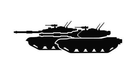 A stark black silhouette of a modern main battle tank displaying its aggressive form and military power silhouette © jivect02