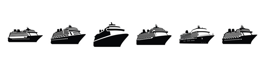 Obraz premium Vector set illustration of cruise ship icons. Simple transport silhouette icon design collection.