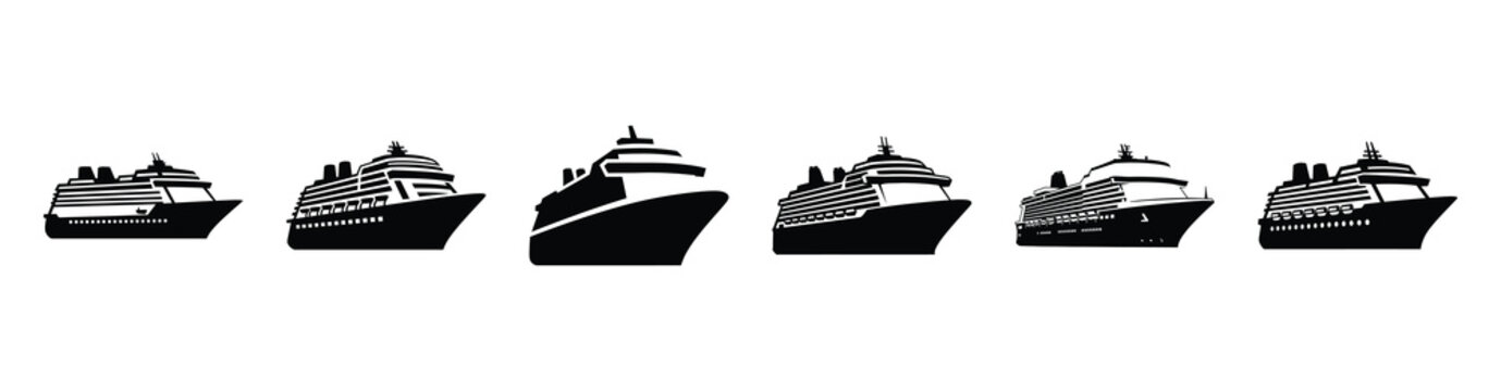 Vector set illustration of cruise ship icons. Simple transport silhouette icon design collection.