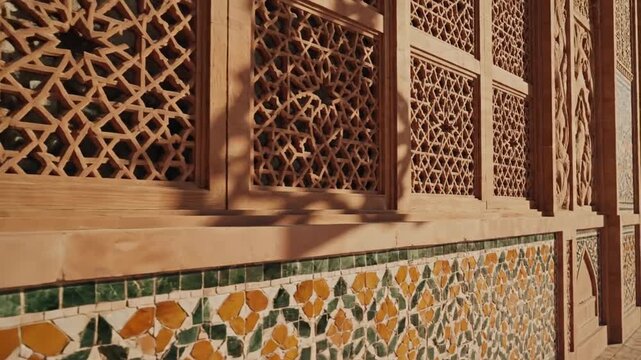 Intricate Geometric Patterns & Vibrant Mosaic Tiles on Ancient Wall, Cinematic Shot, Bright Daylight, Textured Shadows, Traditional Islamic/Indian Architecture, Cultural Heritage.