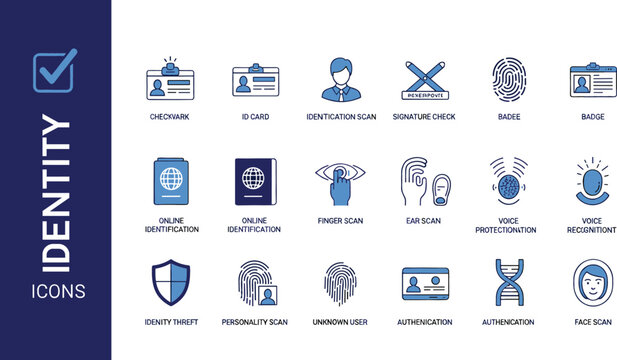 Digital identity and biometric authentication icon set featuring fingerprint scans facial recognition passports ID cards and cybersecurity verification vector elements
