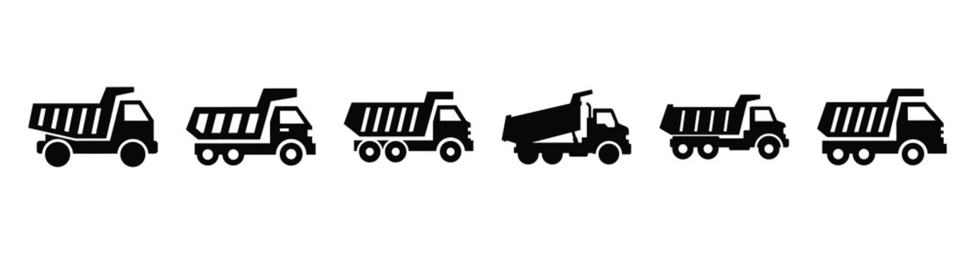 Vector set illustration of dump truck icons. Simple transport silhouette icon design collection.