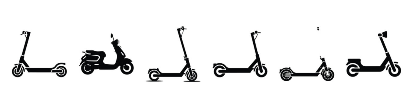 Vector set illustration of electric scooter icons. Simple transport silhouette icon design collection.