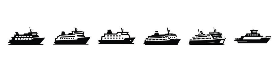 Vector set illustration of ferry icons. Simple transport silhouette icon design collection.
