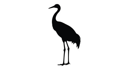 A striking black silhouette of a long legged bird likely a crane stands prominently against a plain white background silhouette © jivect02