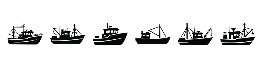 Fototapeta premium Vector set illustration of fishing boat icons. Simple transport silhouette icon design collection.