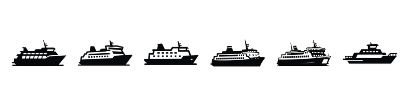 Vector set illustration of ferry icons. Simple transport silhouette icon design collection.