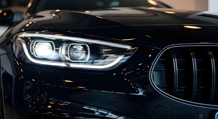 Fototapeta premium Luxury Sedan Detail: Close up of black luxury car headlight and grill with elegant light reflections, automotive design, high end vehicle, transport technology, wealth and status concept