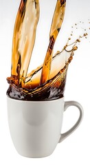 Golden Brown Liquid Pouring Into White Cup With Splash Effect