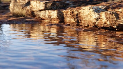 Close-up of water reflecting a rocky formation, creating a tranquil scene