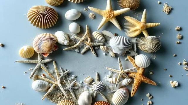 Shells and starfish gathered on a flat surface create a beach theme with a natural feel that invites creativity and coastal inspiration