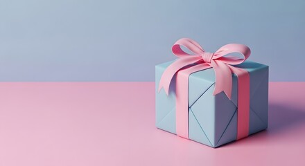 Obraz premium A gift wrapped in blue paper with pink ribbon