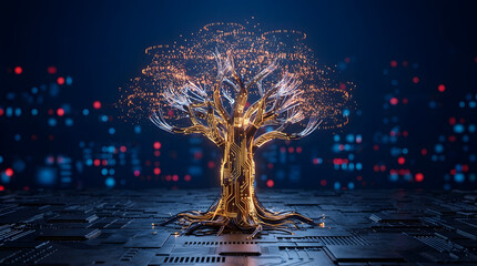 Stunning circuit board tree with glowing binary code connections